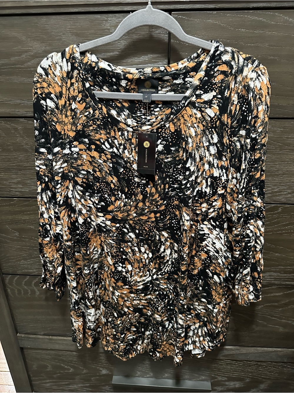 JM Collection Black, White & Tan Swirl Print Scoop Neck Long Sleeve Top